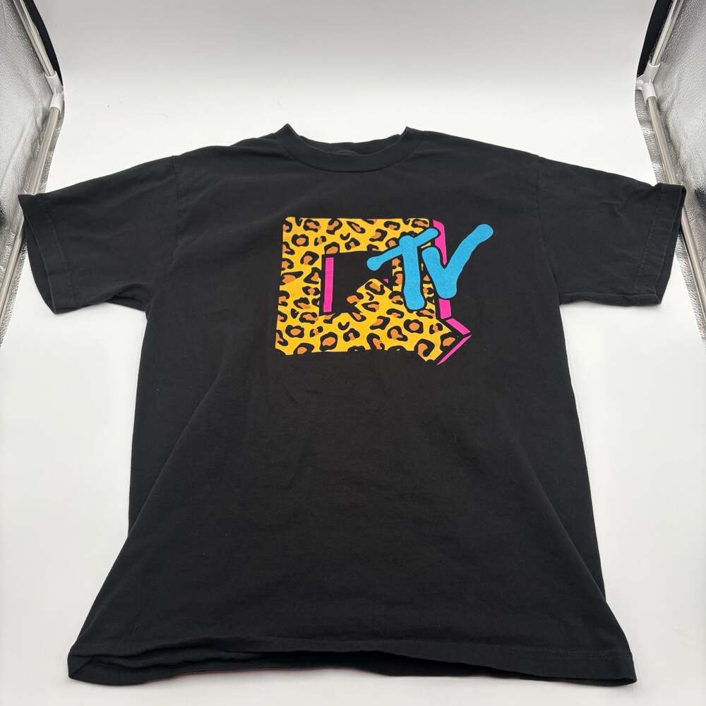 QTV Leopard Print Graphic Logo Black T-Shirt